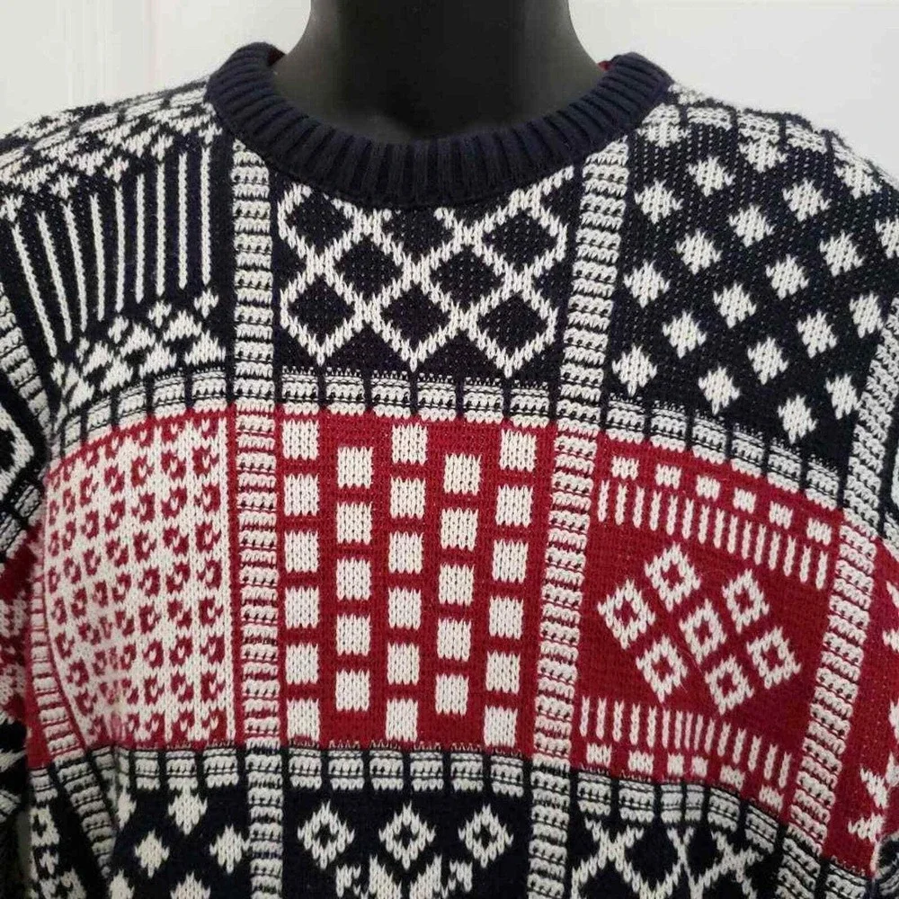 Jantzen Mens Pullover Ugly Sweater Blue Red Nordic Winter Fair Isle Cotton USA M